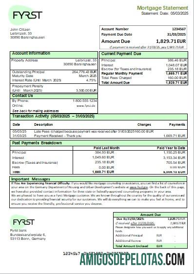 Declaração de hipoteca do Fyrst Bank da Alemanha baixar para verificação